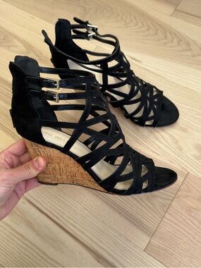 Nine West Black Strappy Cork Wedge Sandals